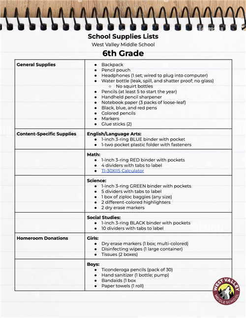 6th Grade Supply List